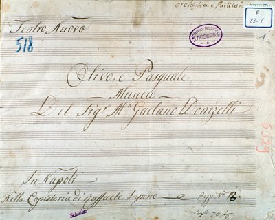 Första sidan av musikmusik från operan "Olivo e Pasquale", av Gaetano Donizetti (bläck på papper) av Italian School