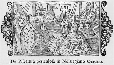 Fiske i Norska havet, illustration från History of the Northern Nations av Olaus Magnus (1490-1558), publicerad i Rom, 1555 av Italian School