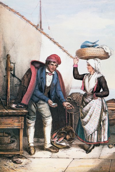 Fiskhandlare och bonde, illustration från kostymer i Istrien, Italien av Italian School