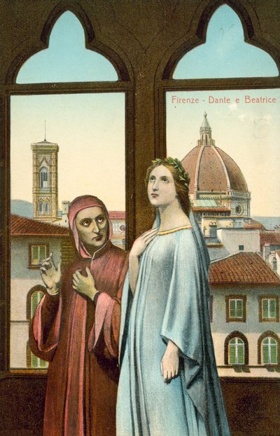 Florens, Dante och Beatrice (färglitografi) av Italian School