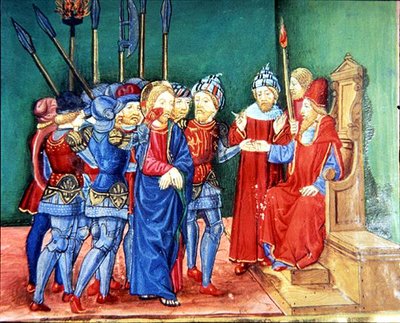 Fol.106v Kristus leds som en fånge inför Anas, översteprästen (vellum) av Italian School