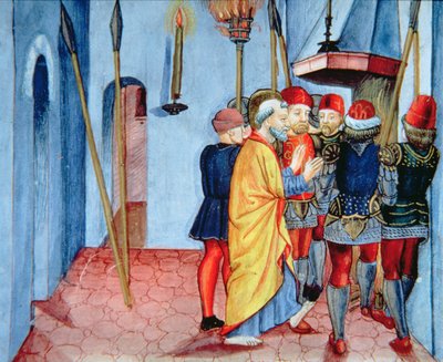 Fol.107v Petrus förnekar Kristus (vellum) av Italian School
