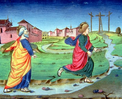 Fol.129vb Maria Magdalena ger nyheten om uppståndelsen till Simon Petrus (vellum) av Italian School
