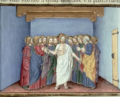 Fol.135v Jesus visar sig för lärjungarna samlade under ett tak av rädsla för domarna (vellum) av Italian School