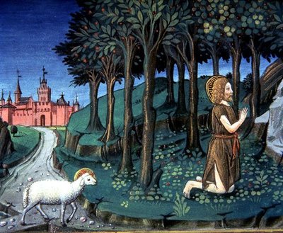 Fol.143v Johannes Döparen ber i öknen (vellum) av Italian School