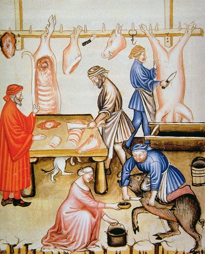 Fol.74v The Butchers: Pig Meat, illustration från Tacuinum Santiatis Codex Vindobonensis av Italian School