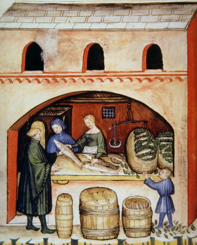 Fol.82v Salted Fish, illustration från Tacuinum Santiatis Codex Vindobonensis av Italian School
