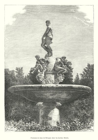 Jean de Bolognas fontän i Boboli-trädgården (gravyr) av Italian School