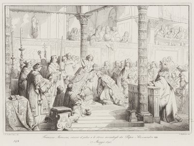 Francesco Morosini, tar emot pileus och stocco som skickats till honom av påven Alexander VIII av Italian School