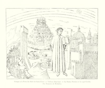 Fresk vid dörren till Servi av Santa Croce, Allegorisk målning, Dante, Florens och de sju cirklarna, av Domenico di Michelino (gravyr) av Italian School