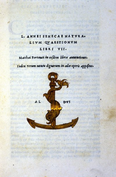Frontispice av "Natural Questions Book VII" eller "Natural Questions Book VII" av Seneque the Philosopher eller Lucius Annaeus Seneca (2 f.Kr. - 65 AD). JC), tryckt 1503 av Aldo Manuzio (Alde Manonce) (1450 - 1515), venetiansk forskare och tryckare. av Italian School