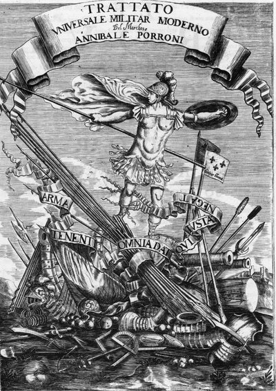 Frontispice av "Modern Universal Military Treaty" "(Modern Universal Military Treaty) från 1676 av Italian School