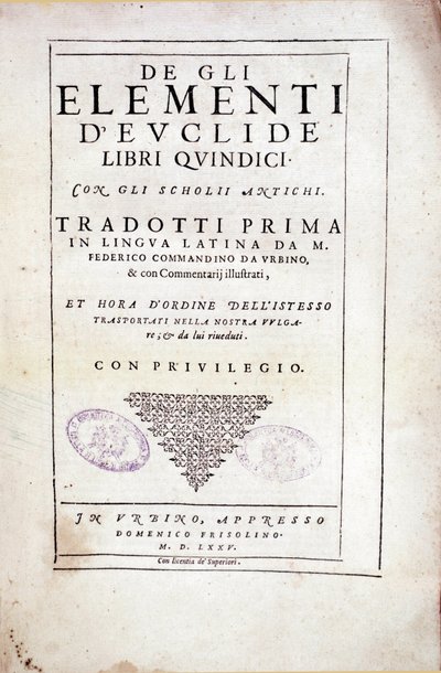 Frontispice av volym XV "Element" av den grekiske matematikern Euklid (3:e århundradet f.Kr.) av Italian School