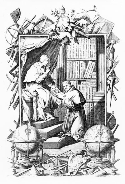 Frontispice för Sacred-Profane Universal Library, Vol. 1 av Vincenzo Coronelli, tryck gjord av Alessandro dalla Via, publicerad 1701 av Italian School