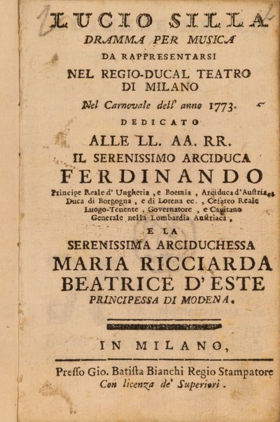 Frontispice från Mozarts Lucio Silla, framförd i Milano 1773 av Italian School