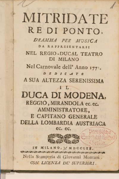 Frontispice från en tidig kopia av Mitridate, re di Ponte, en opera av Wolfgang Amadeus Mozart, 1770 av Italian School