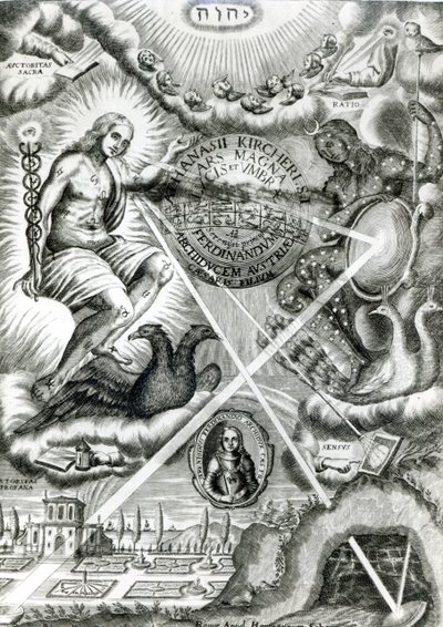 Frontispice av Ars Magna Lucis et Umbrae, av Athanasius Kircher (1601-80) Rom, 1646 av Italian School