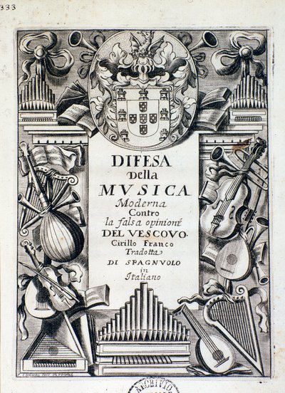 Frontispice of Defense of modern music: against the falsk åsikt från biskop Cirillo Franco, av kung James IV av Portugal av Italian School