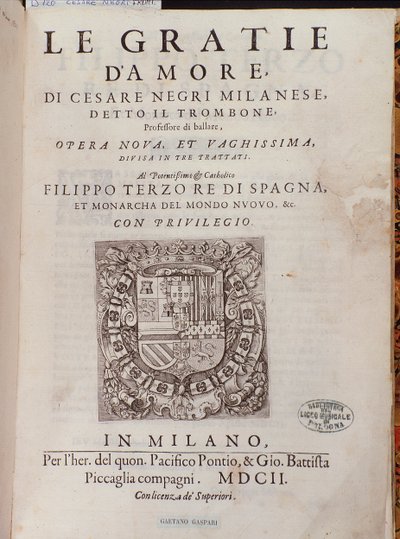 Frontispice av Le Gratie dAmore (Le Grazie dAmore) av den italienska dansaren Cesare Negri kallad Il Trombone (1536-1604), fördrag om dans av Italian School