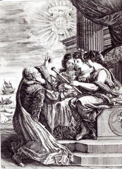 Frontispice av Opere di Galileo Galilei, publicerad i Bologna 1656 av Italian School
