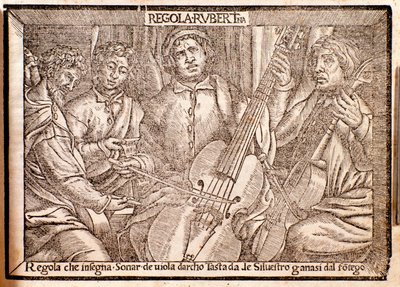 Frontispice av Regola Rubertina avhandling om viola da gamba av Silvestro Ganassi från Fontego av Italian School