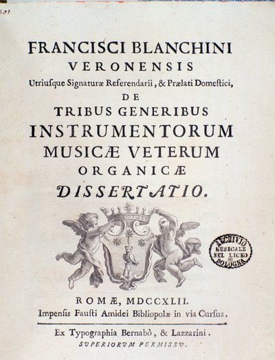 Frontispice av "" av Tribe Instrumentorum Musicae Veterum"" verk om gamla musikinstrument av Francesco Brea av Italian School