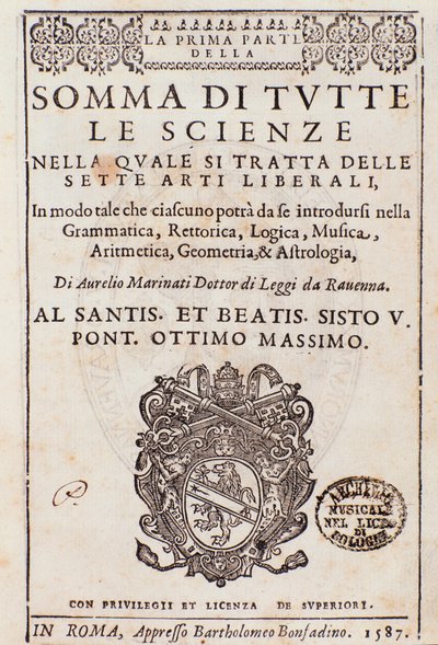 Frontispice hämtat från Summan av alla vetenskaper, essä om de fria konsterna, av Aurelio Marinati av Italian School