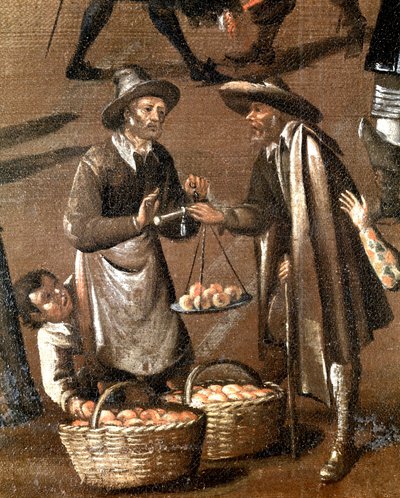 Fruktsäljare och liten tjuv, detalj (målning av Italian School