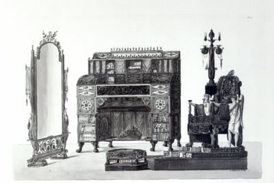 Möbler i grekisk stil från arkitektoniska dekorationer av Gaetano Landi, graverade av G. DArgenzio, 1810 av Italian School