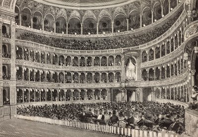 Galakväll på Costanzo-teatern till ära av kronprinsen av Tyskland (framtida Fredrik III), Rom, Italien, gravyr från teckning av Dante Paolocci, från L