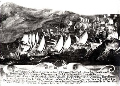 General Francisco Morosini (1618-94) och den venetianska flottan i ett möte med den turkiska flottan utanför Kretas kust, maj 1661 av Italian School
