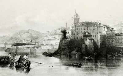 Mur i Genuas småbåtshamn med Villa Doria Pamphili i bakgrunden, gravyr, ca 1850, Italien av Italian School