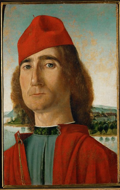 Gentleman med röd basker... av Italian School
