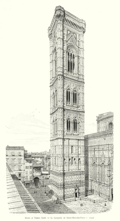 Giotto och Taddeo Gaddi, Campanile of Sainte-Marie-des-Fleurs (gravyr) av Italian School