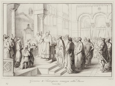 Giovanni II Partecipazio avsäger sig hertigdömet, 887 (gravyr) av Italian School
