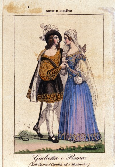 Giulia Grisi och Schutz tolkar Romeo och Julia i "I Capuleti e i Montecchi" (Les Capulet et les Montaigu) av Vincenzo Bellini av Italian School