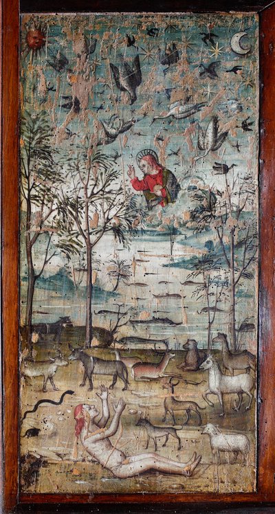 Gud skapar Adam, djur, mark, himmel och vatten Trämålning som dekorerar en skåppanel av den antika sakristian i Bramante (målning i sakristian i Bramante) Basilica di Santa Maria delle Grazie, Milano, Italien av Italian School