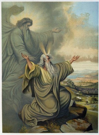Gud visar Moses det utlovade landet - i "Classical Golden Bible: History of Divine Revelation in the Ancient and New Tension" "av Giovanni Ladislao Sykora (vol. 1), översatt av Don Clemente Benetti. (Italiensk bibel) av Italian School