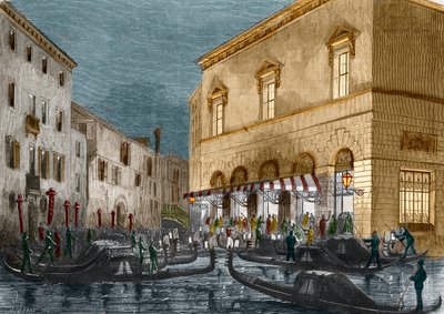 Gondoliers väntar på åskådare utanför Teatro La Fenice, Venedig, Italien, från Le Monde Illustre n°564, 1868 av Italian School