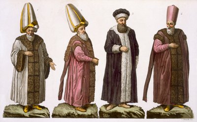 Grand Visir, Caim-Mecam, Reis-Efendi och Khodjakian, plåt 15 från del III, volym I av Nationernas historia, graverad av C. Botticella (akvatint) av Italian School
