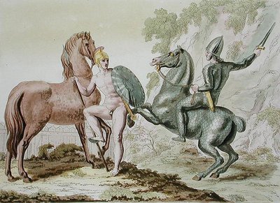 Grekiskt kavalleri, platta 44 från "Le Costume Ancien et Moderne" av Jules Ferrario, publicerad på 1820-30-talen (färglitografi). av Italian School