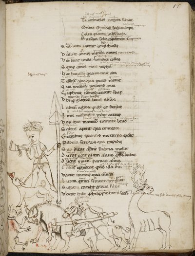 Harley 2453, f.55 En jaktscen med en galt, en hjort, jägare, hundar och en hare, från 