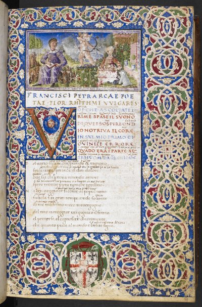 Harley 3567, f.9 Miniatyr av Petrarch och Laura, med kärlek riktad sin pil mot Laura, från 