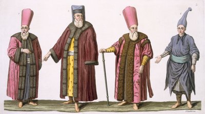 Head Usher of the Harem, Captain of the Harem Ushers, Harem Usher och Pageboy, plåt 3 från del III, volym I av Nationernas historia, graverad av V. Raineri (akvatint) av Italian School