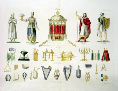 Hebreiska Levi, präst, kung och soldat med heliga möbler och musikinstrument, plåt 2, klass 1 från del I av Nationernas historia, graverad av Marco Comirati (ca 1800-69) (akvatint) av Italian School
