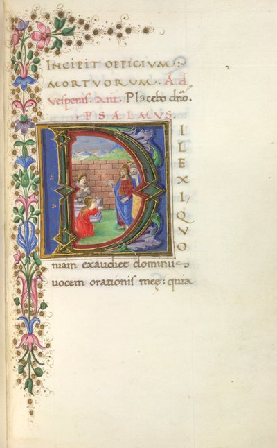 Historierad initial "D" (ilexi) av Kristus som uppväcker Lasarus från de döda, och partiell kant, i början av Dödsoffret av Italian School
