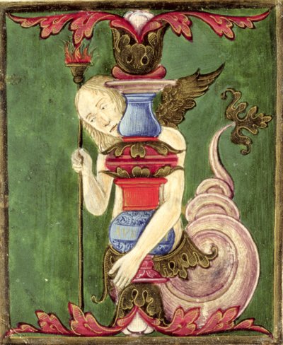Historikert initial "jag" som föreställer en bevingad sjöjungfru (vellum) av Italian School