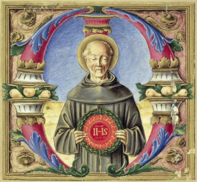 Historikert initial "M" som föreställer St Bernardino av Siena (vellum) av Italian School