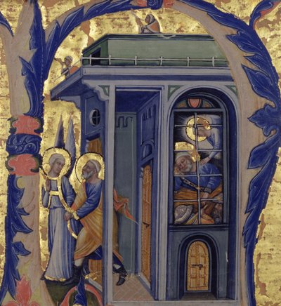 Historikert initial N som visar befrielsen av St. Peter av Italian School