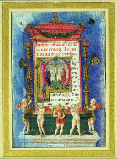 Historikert initial "P" som skildrar korsfästelsen, sida från en timbok (vellum) av Italian School